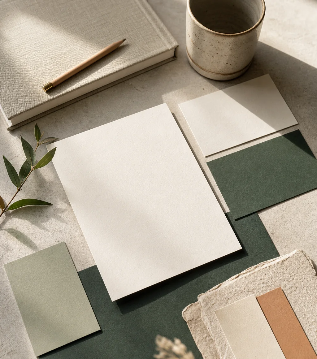 Brand moodboard: sage, white and natural paper materials